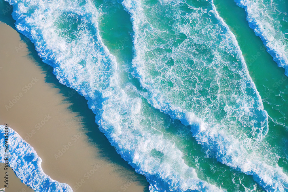 无人机拍摄的美丽海滩的壮观俯视图，阳光明媚，海水波涛汹涌