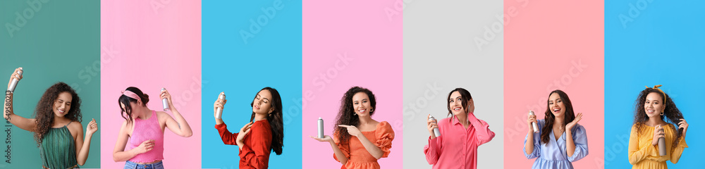 一组漂亮的女人在彩色背景上喷发胶