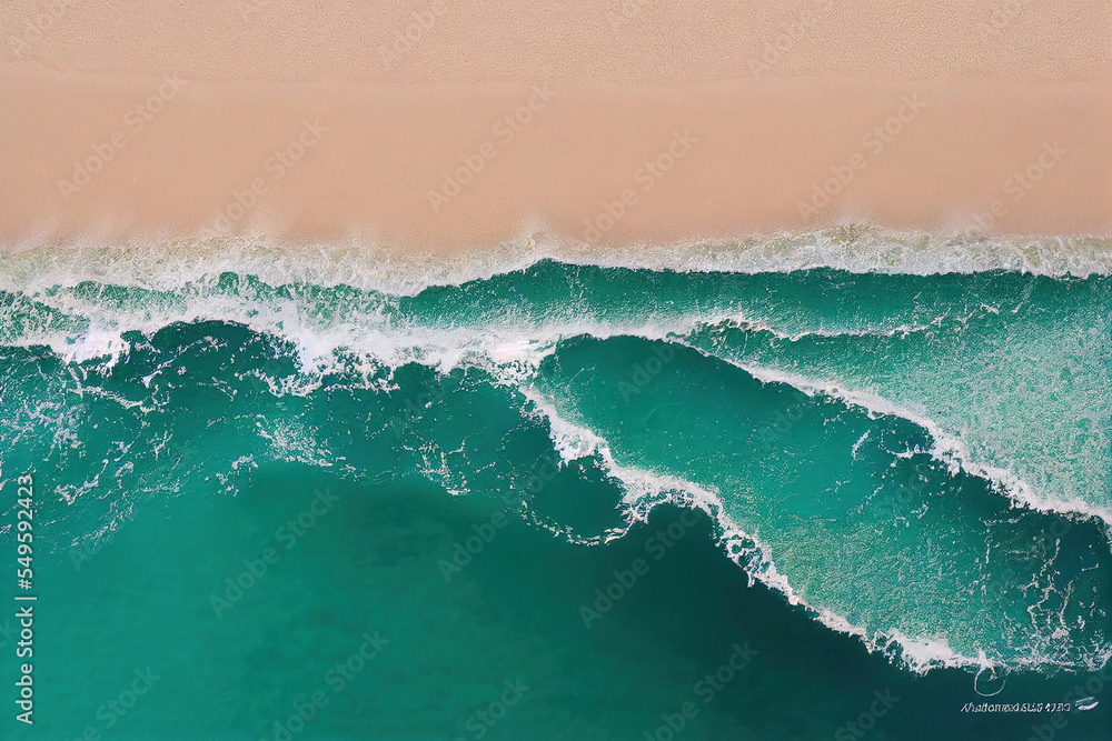无人机拍摄的美丽海滩的壮观俯视图，阳光充足，海水波涛汹涌