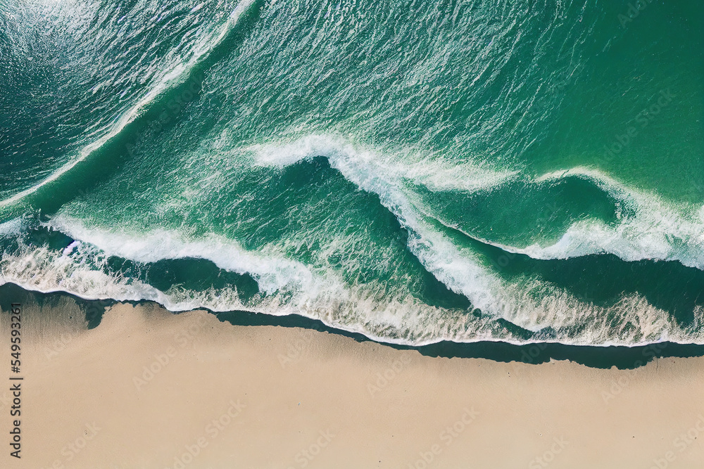 无人机拍摄的美丽海滩的壮观俯视图，阳光明媚，海水波涛汹涌