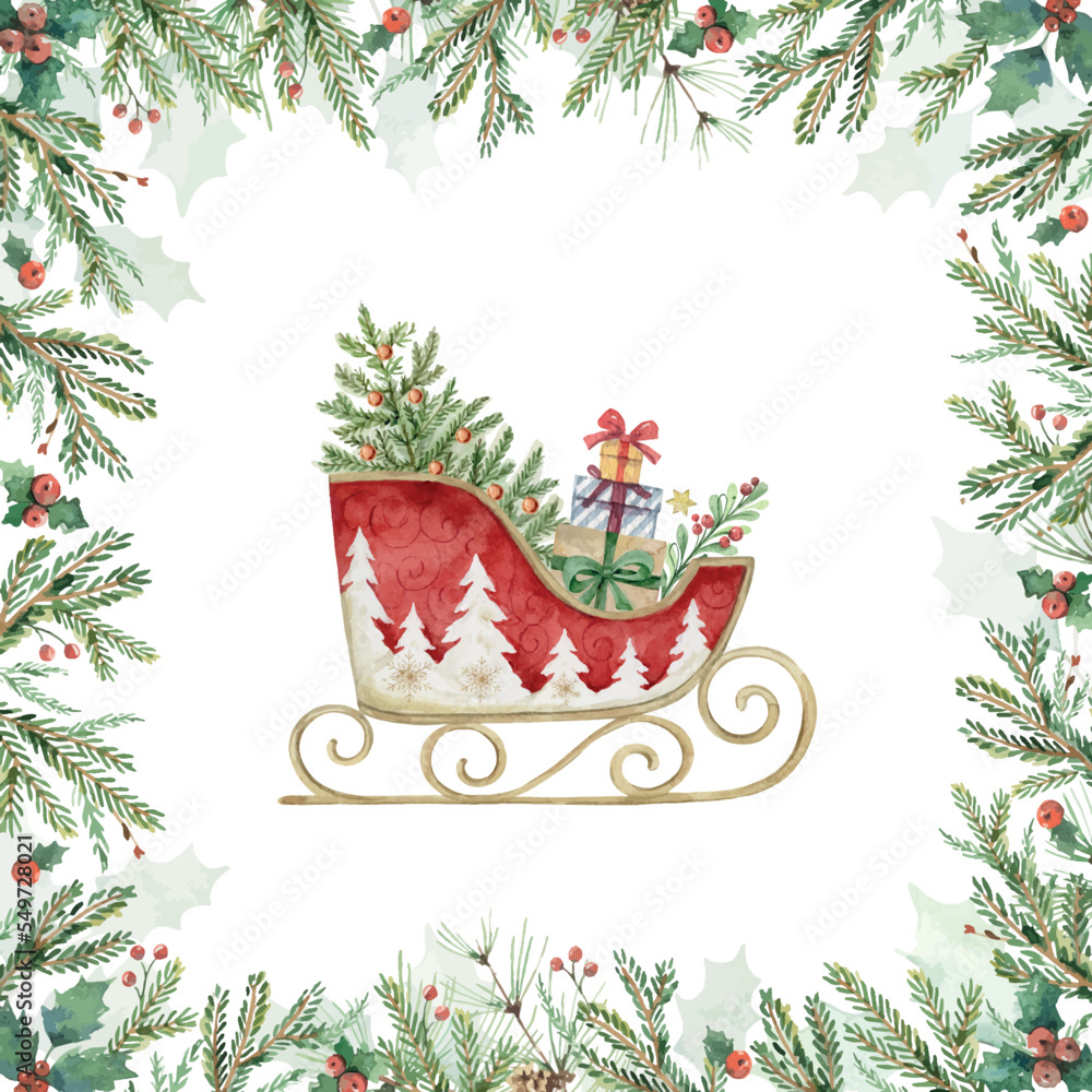 带有圣诞雪橇、冷杉树、礼物和华丽框架的水彩矢量卡。