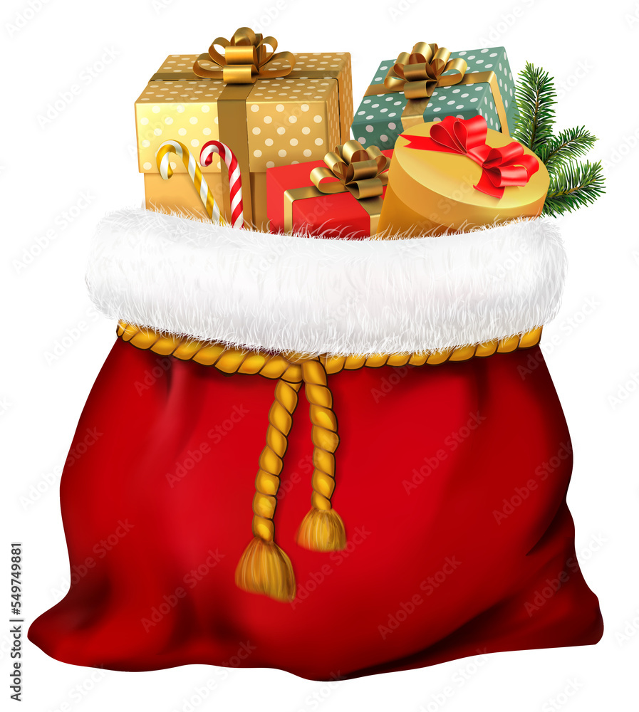 装有礼物的圣诞老人包。打开装有糖果、圣诞树枝和礼物的圣诞红袋子。