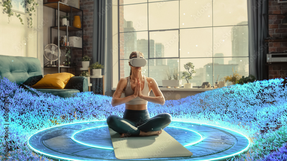 戴着虚拟现实耳机的年轻运动女性，以未来主义的方式练习冥想。她的C