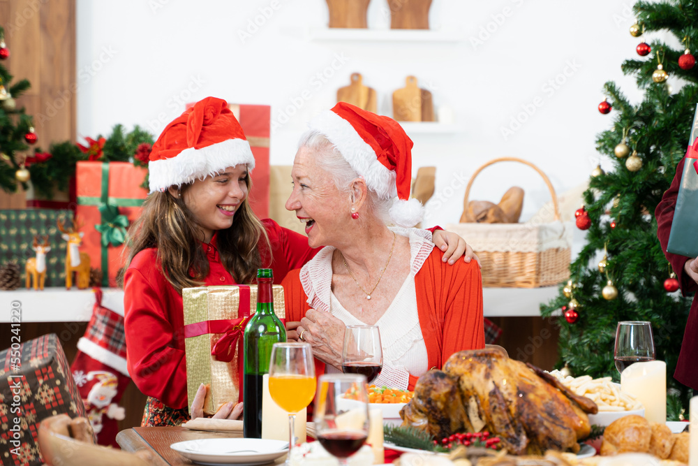 快乐微笑的老年女性，家里有圣诞节，老年人和人的概念。