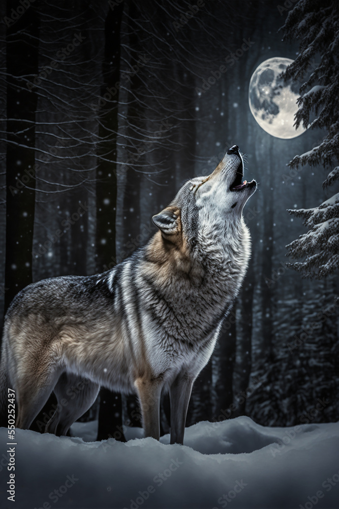 狼嚎，森林里的冬夜场景