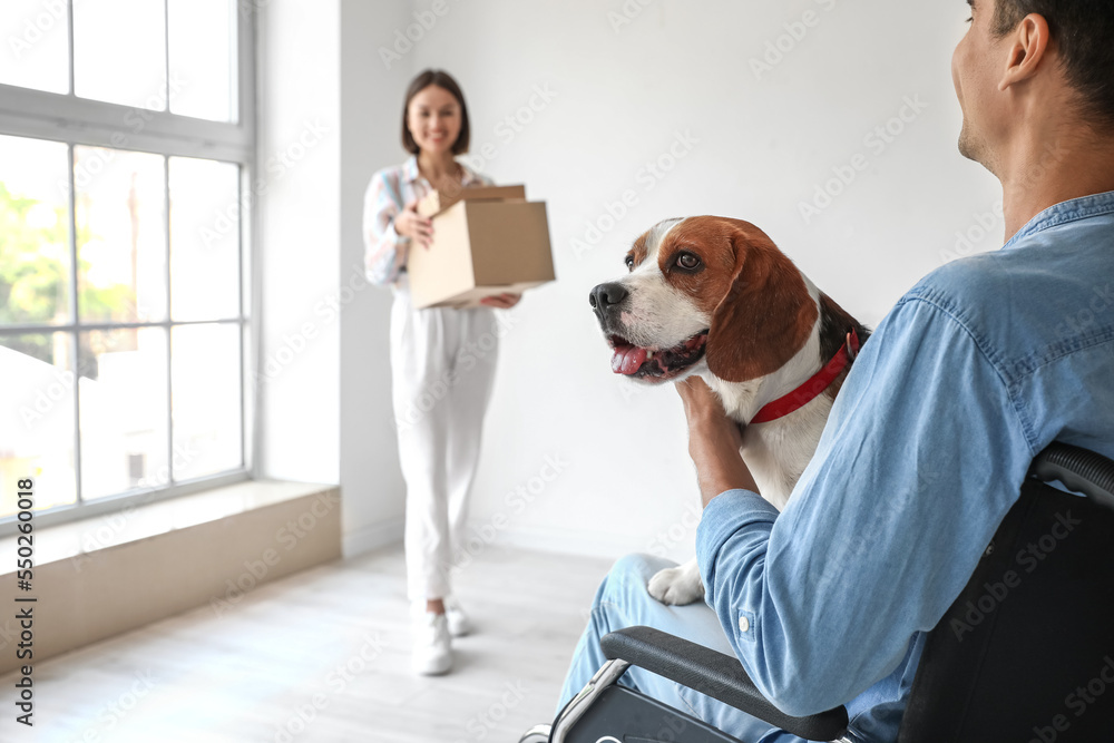 Young man in wheelchair with dog and his wife in new flat on moving day, closeup