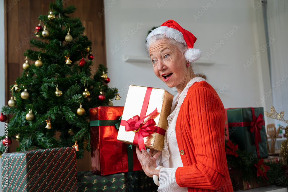 家里有圣诞礼物，快乐微笑的老年妇女。