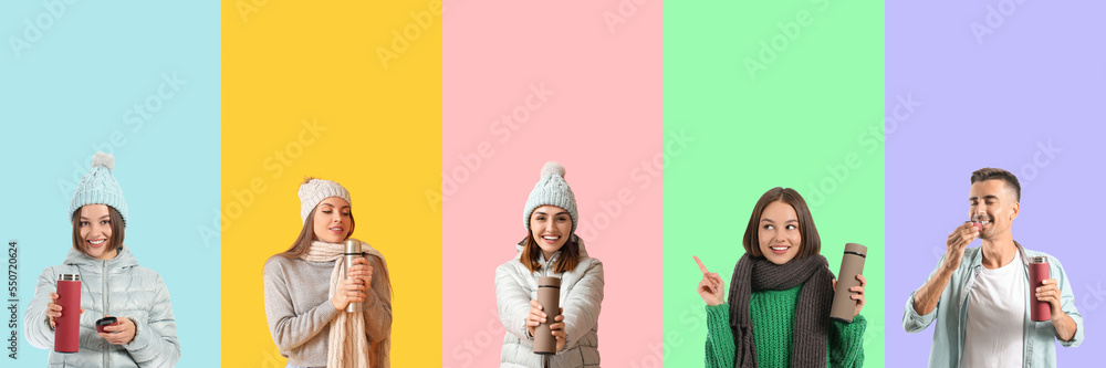 Collage of people with thermoses on color background