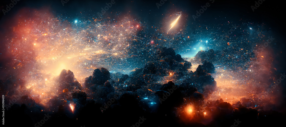 人工智能在银河系深处的外太空生成彩虹状星云背景。数字艺术人工智能生成