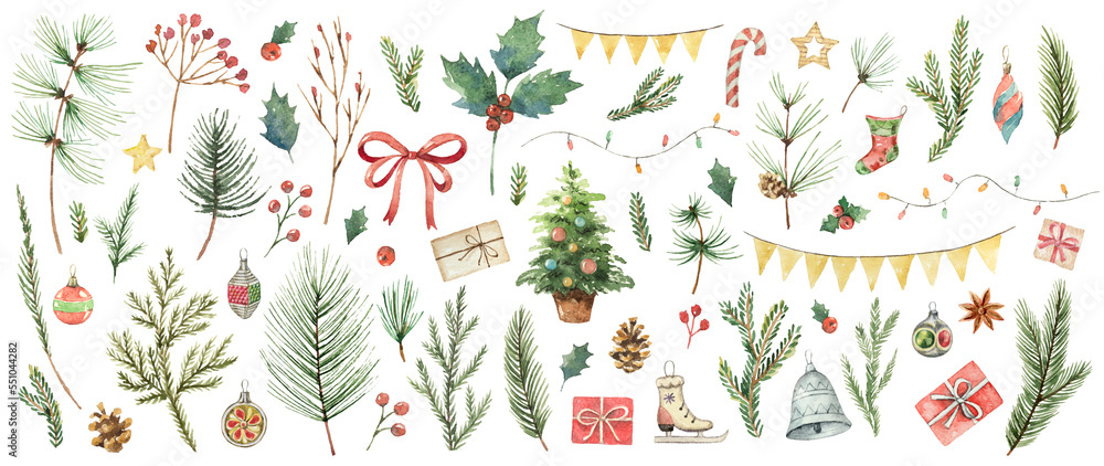 Watercolor Christmas set with fir branches, balls, gifts, garlands and bow. Holiday Illustration iso