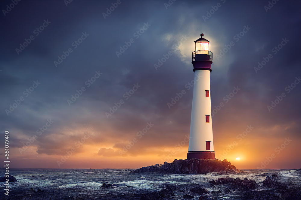 人工智能生成的海洋景观，灯塔在日出或日落时提供光线。科阿平静的海洋