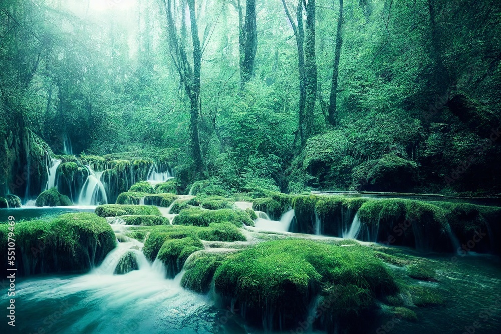 AI generated waterfall scene in the deep forest with green trees, nature setting. Green scenic lands