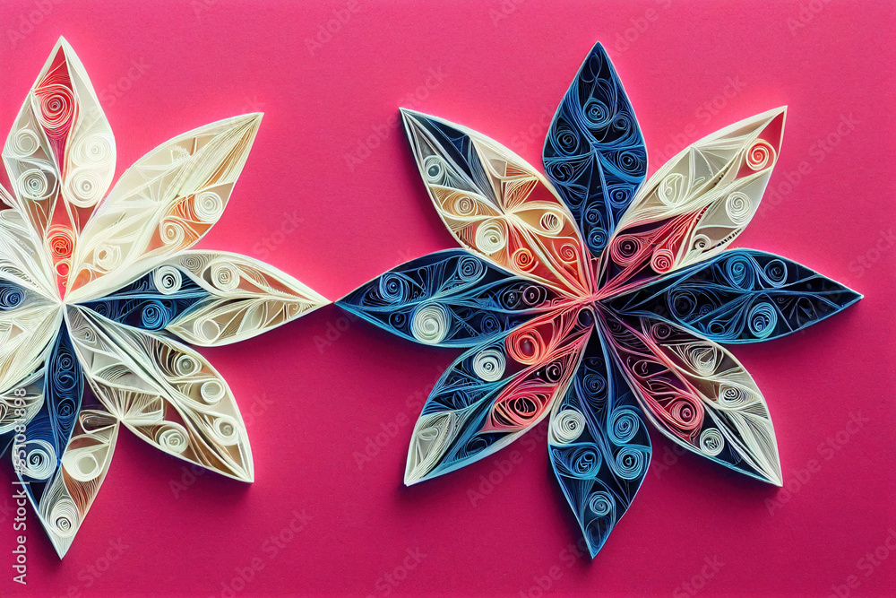 Splendid paper quilling snowflake shape flower background in digital art AI generated image. Realist