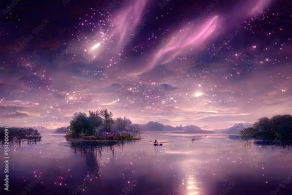 星光灿烂的星夜湖在天空地平线上闪耀，映照在拥有灿烂n的丝滑湖面上