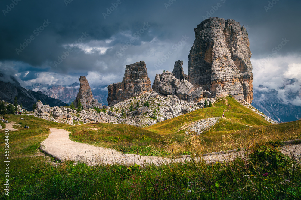 Well known hiking trail and Cinque Torri rock formations, Dolomites