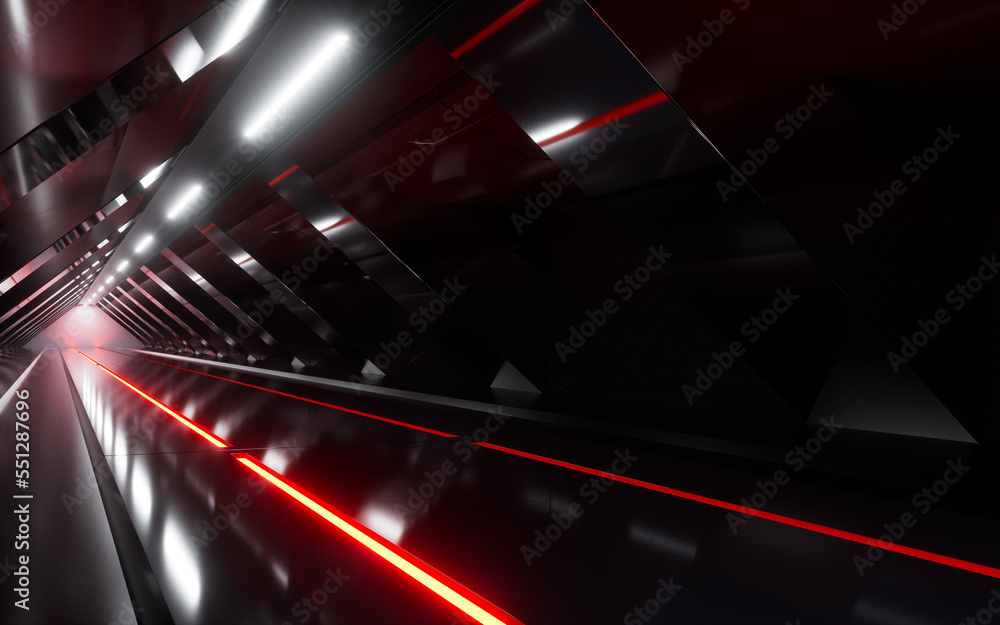 发光的黑暗隧道，三维渲染。