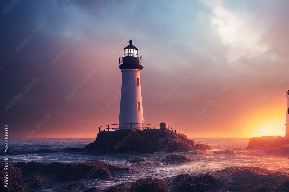 AI generated sea landscape with lighthouse providing light during sunrise or sunset. Calm sea at coa