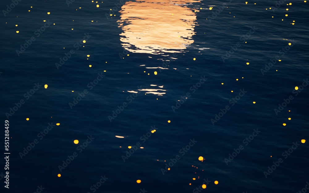 Rippled lake with glowing particles, 3d rendering.