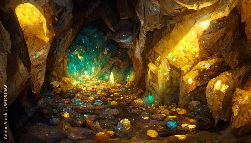 梦幻般的金矿隧道，有闪闪发光的黄金、五颜六色的珠宝和其他矿物。AI generar