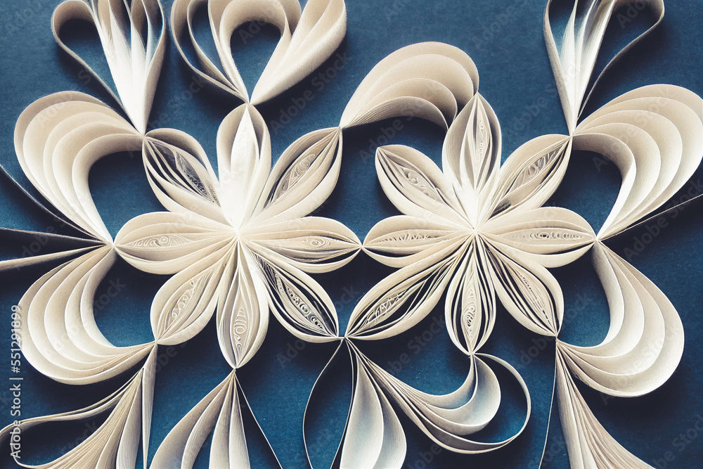 数字艺术人工智能生成图像中精美的纸笔雪花形状的花朵背景。现实主义