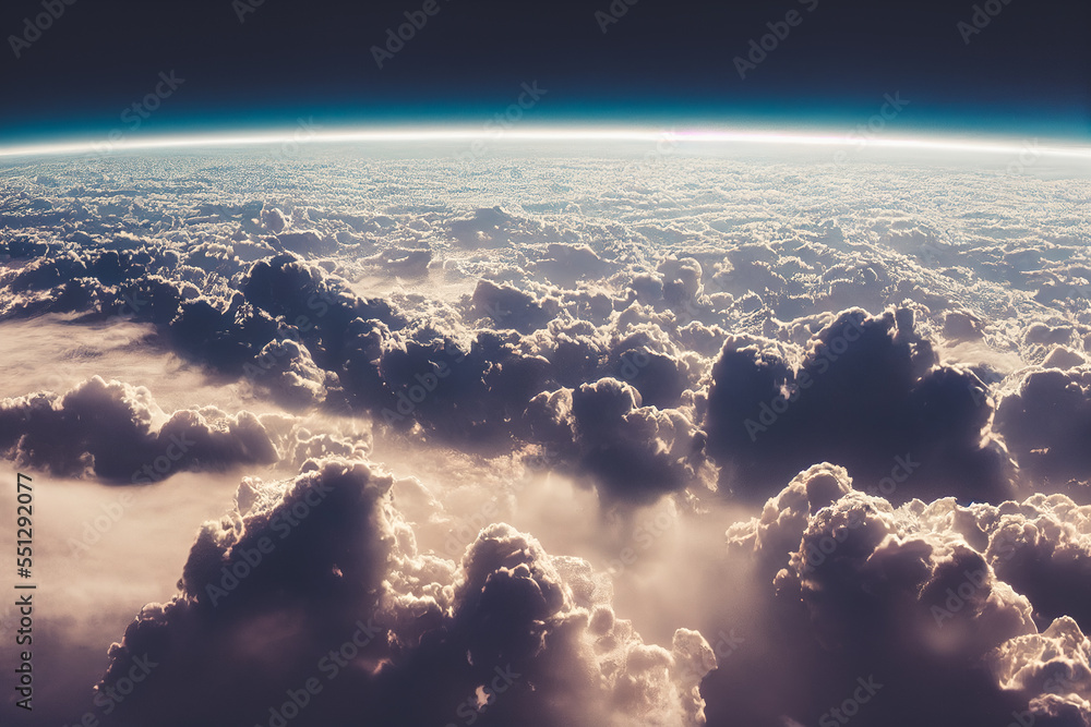 平流层中地球大气层上方的灿烂背景云景，有一个星系和b