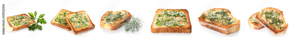 Collage of toasted garlic bread with herbs on white background
