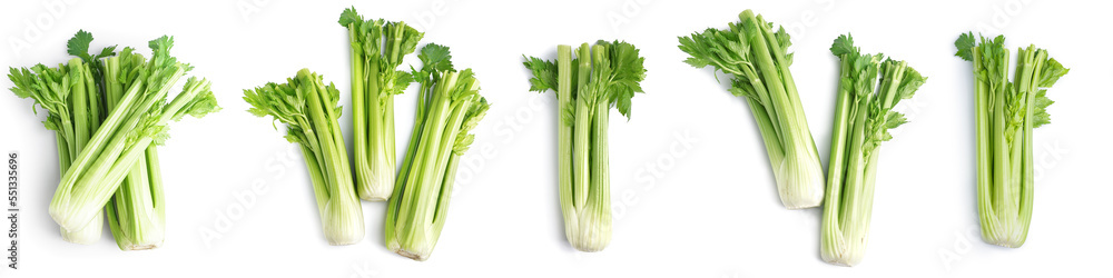 Collage of fresh green celery on white background, top view