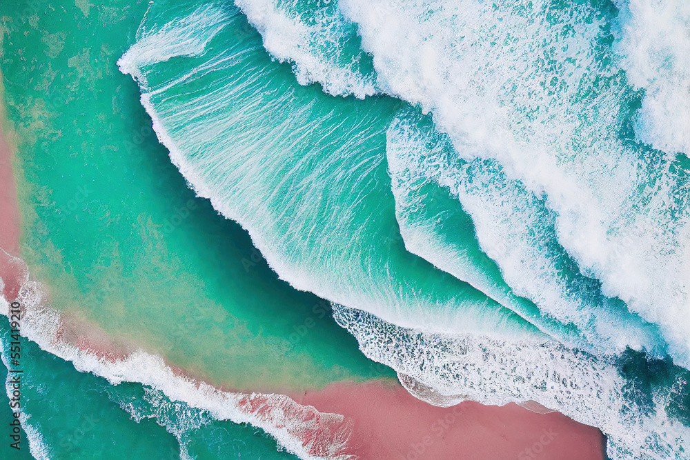 AI generated image top view from drone photo of beautiful pink beach with relaxing sunlight, sea wat