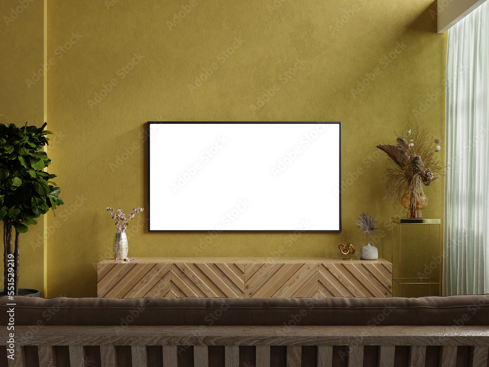 安装在透明背景的客厅里的电视墙模型。