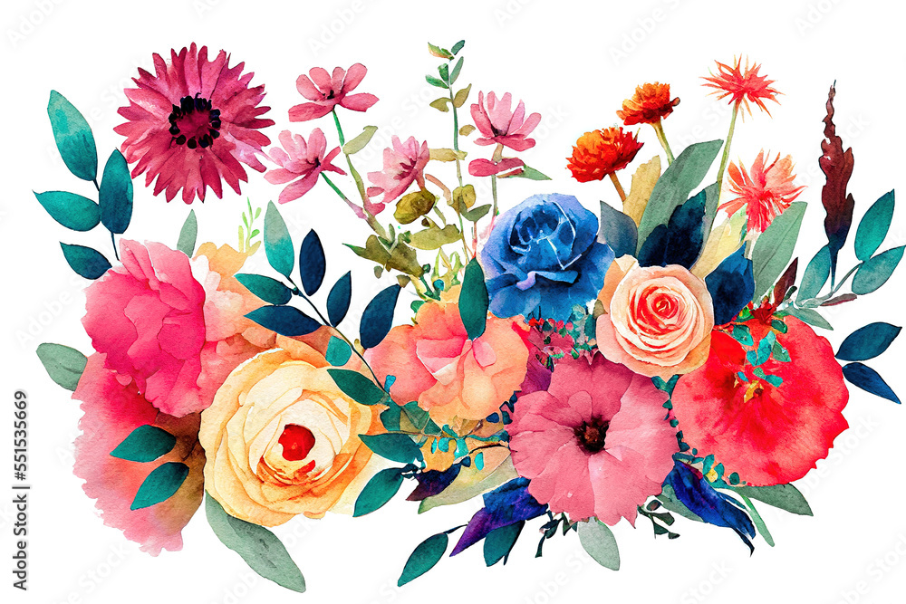 花束套装水彩画作品设计。春天和夏天的花朵自然风格