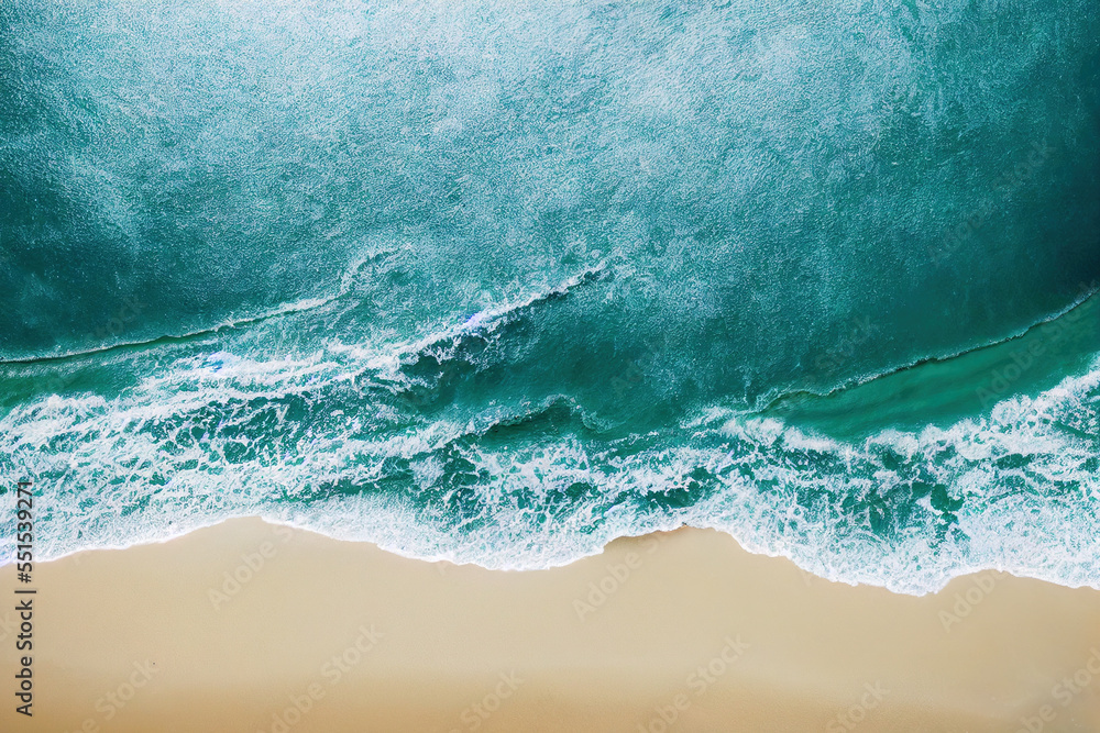 人工智能生成的图像俯视图来自无人机拍摄的美丽海滩，阳光明媚，海水潺潺
