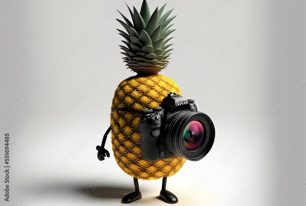 On a white background, a cute pineapple shaped figure from a hipster cartoon is stabilized by a trip