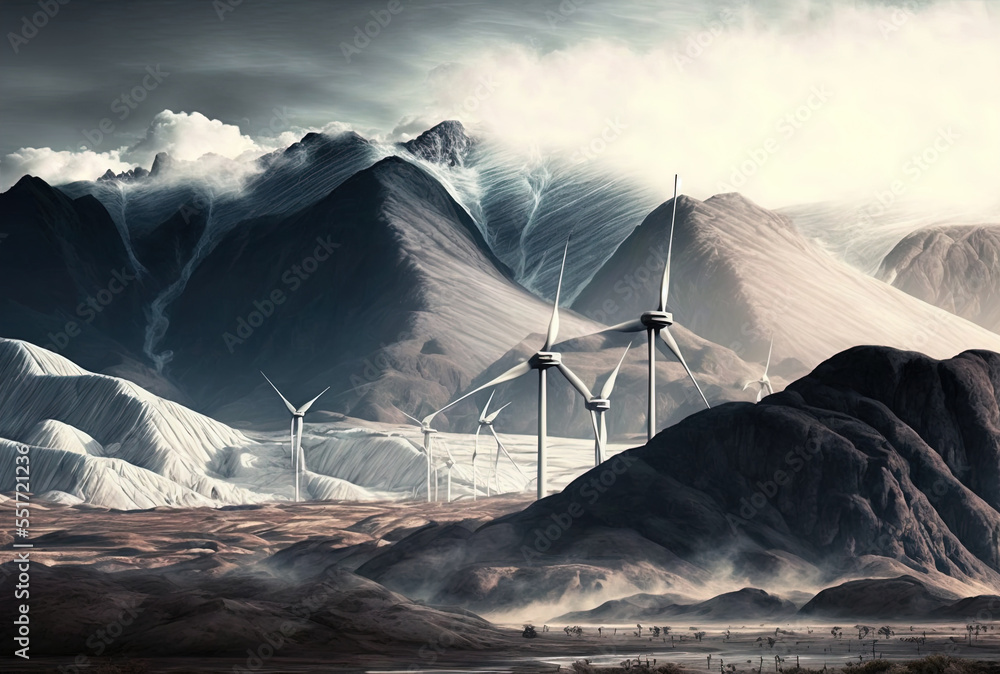 Beautiful scene with barren mountains and white windmills. Generative AI