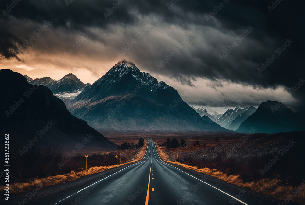 Beautiful photograph of a road in front of mountains under a gloomy sky.. Generative AI