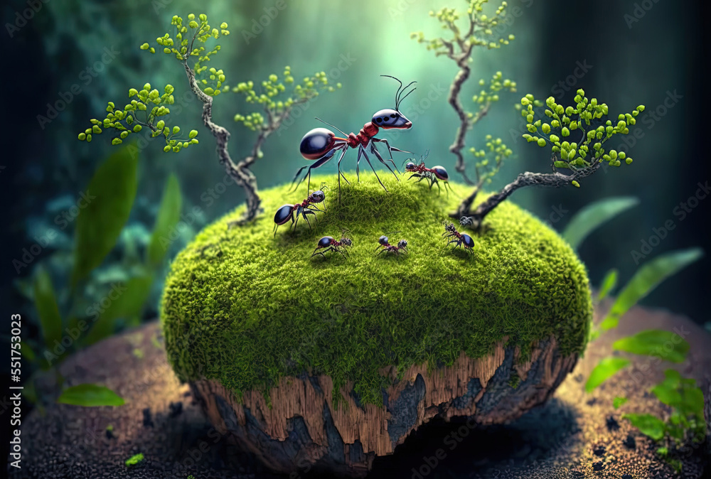 可以看到红蚂蚁在蓝莓丛的老树桩上奔跑，背景是绿色森林和开放的水疗中心