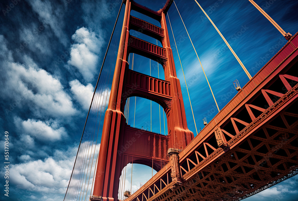 加利福尼亚州旧金山金门大桥在Uni多云蓝天下的垂直视图