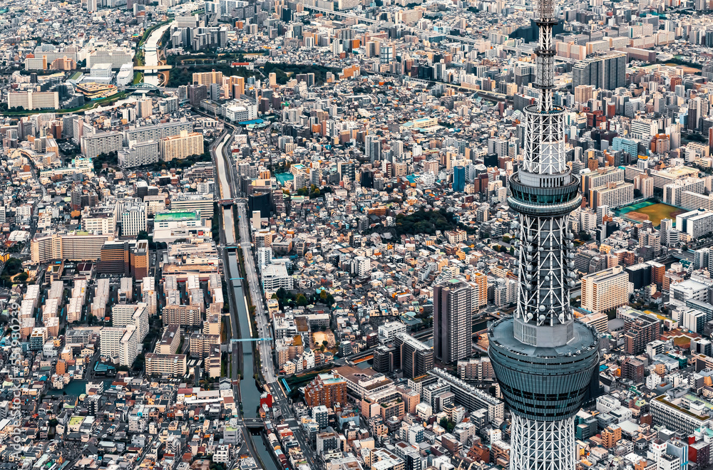 日本东京隅田市与东京天树的鸟瞰图