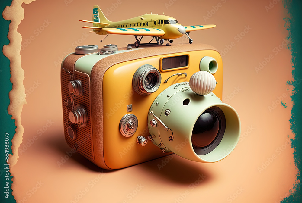 Toy plane and a coconut shaped vintage camera. Generative AI