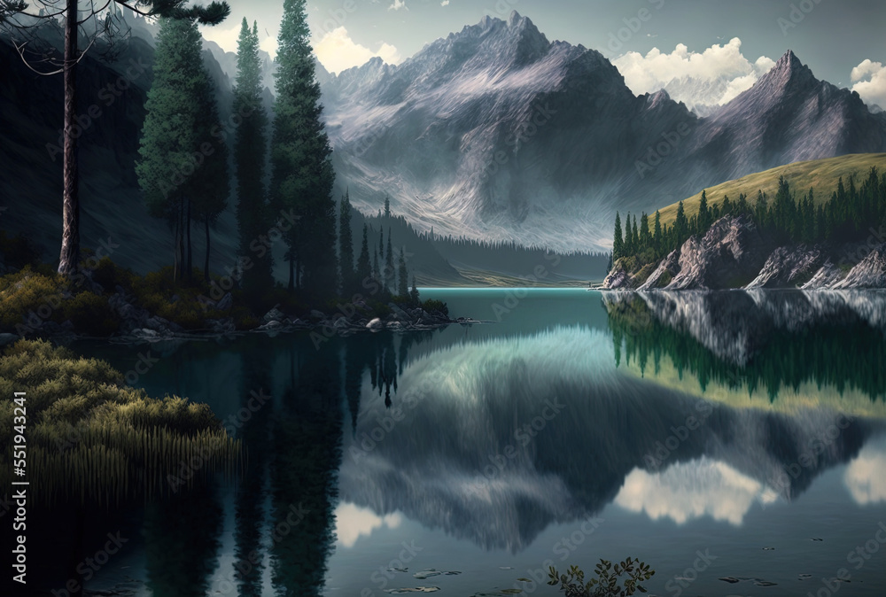 平静的湖泊靠近山脉。生成AI