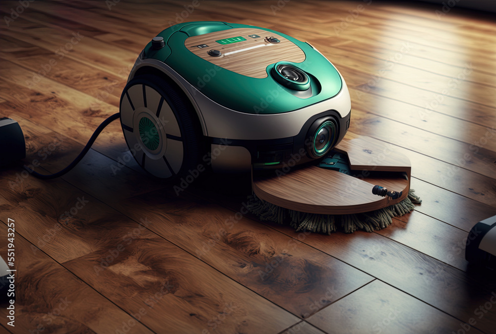 A robot vacuum cleaner collects rubbish while riding on wooden parquet. Generative AI