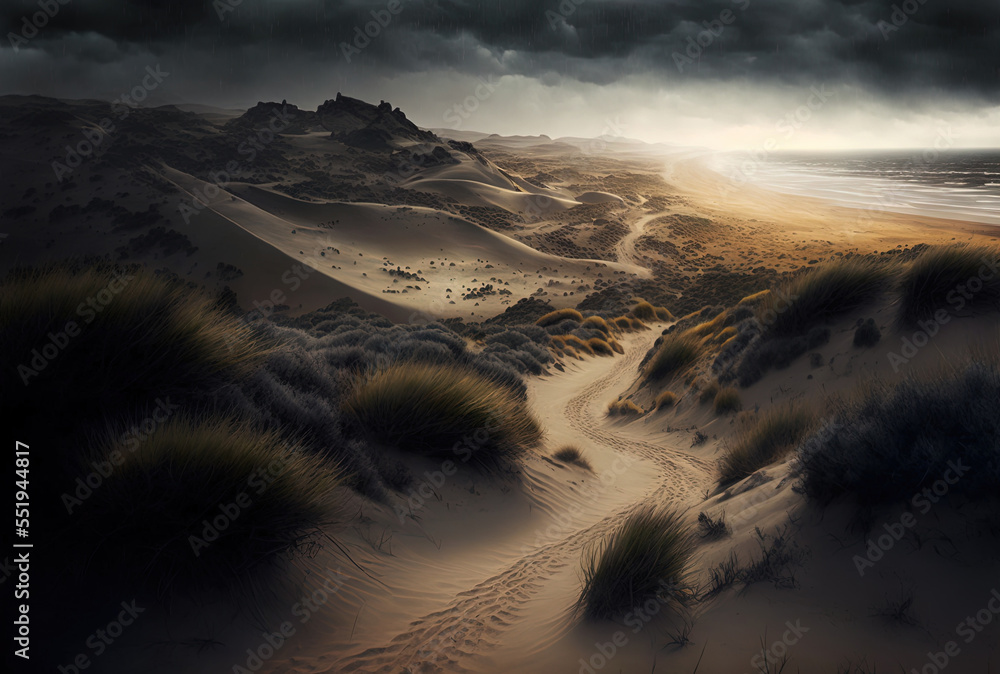 在黑暗沉闷的天空中，从上方可以看到一条穿过沙丘的小路。生成人工智能
