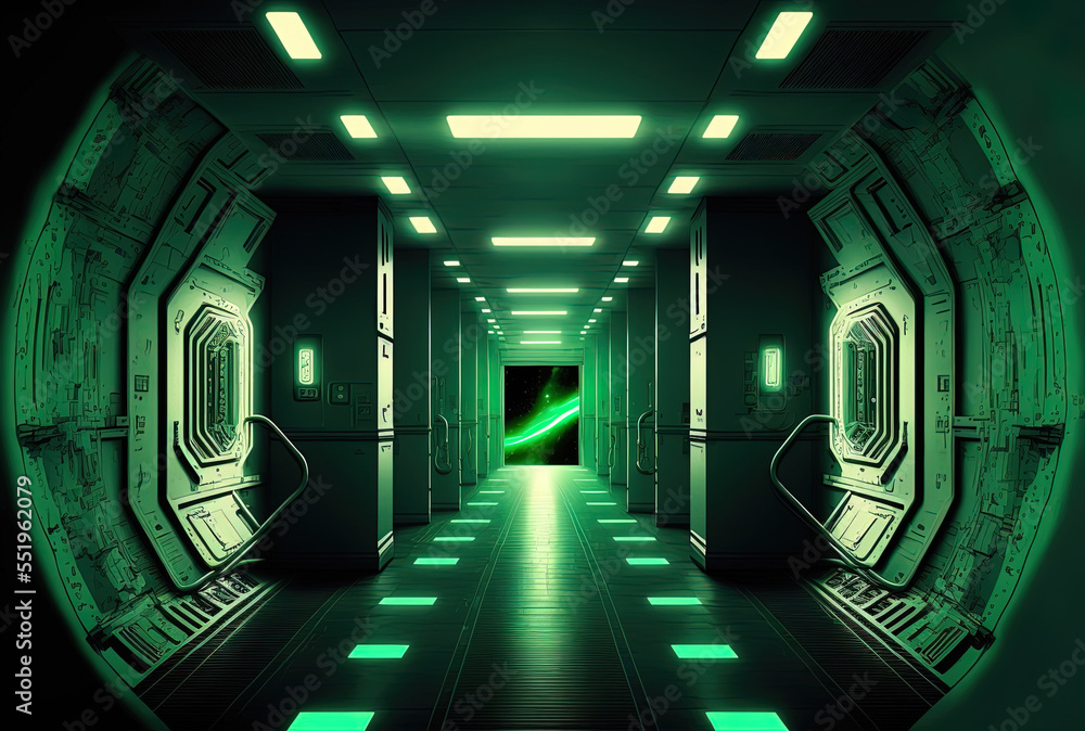 Imagine a spacecraft corridor with a bright green and black illumination. Science fiction example. G