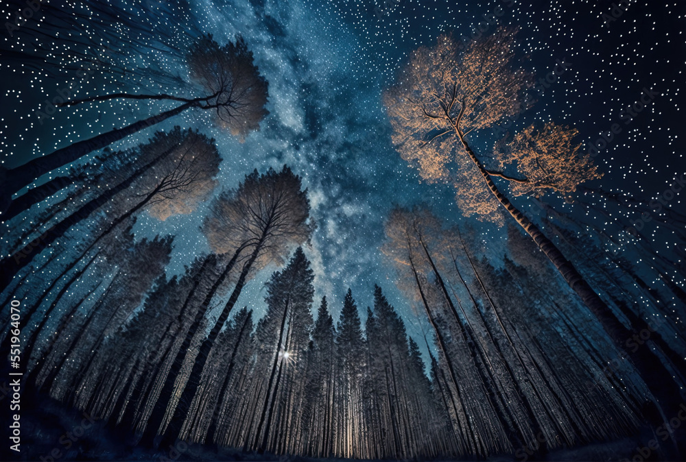 星空下森林的可爱低角度照片。生成人工智能