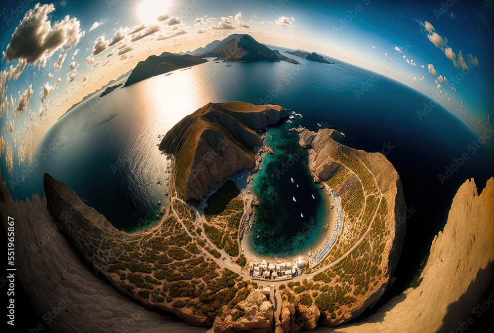 Greek island of Amorgos Katapola Bay as seen from above. Generative AI