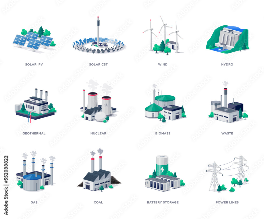 Isolated electric energy power station generation types. Mix of solar, water, fossil, wind, nuclear,