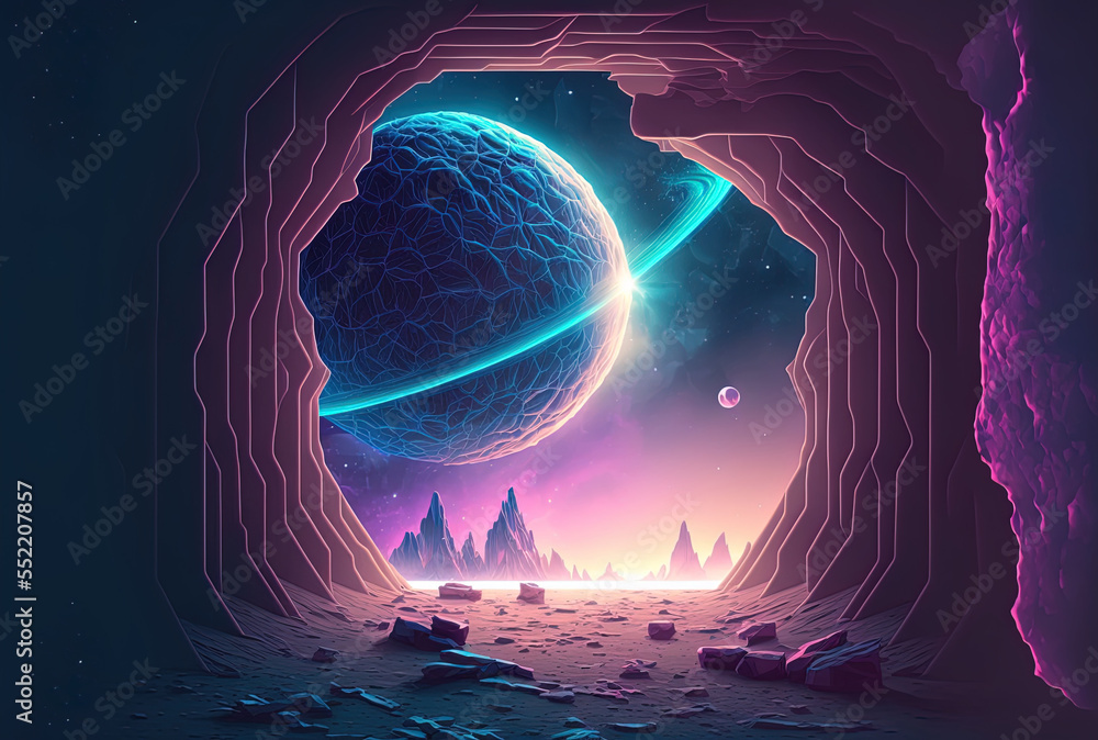 Illustration of a futuristic fantasy environment with a chilly planet, planet neon light, a natural 