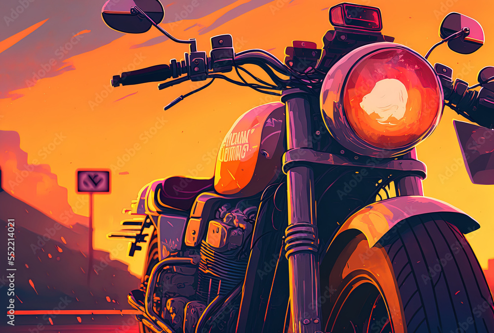 a motorbike in close up against a sunset colored background. Generative AI