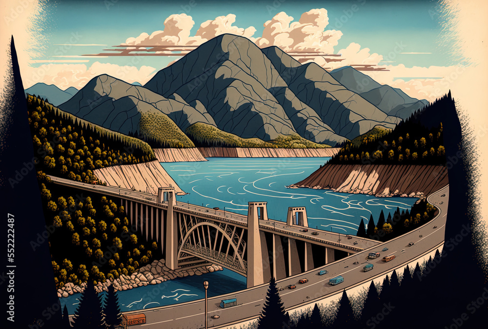 Picture of the Shasta Dam with a lake, mountains, and highways surrounding it. Generative AI