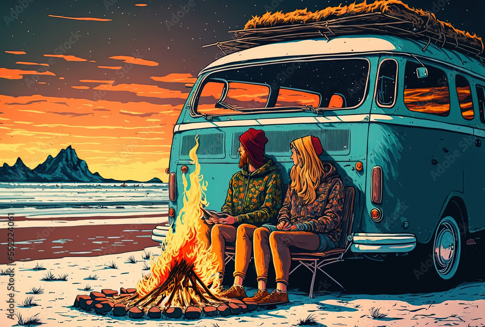 一对情侣在海滩上的一场大火旁进行冬季公路旅行，取暖。世代AI