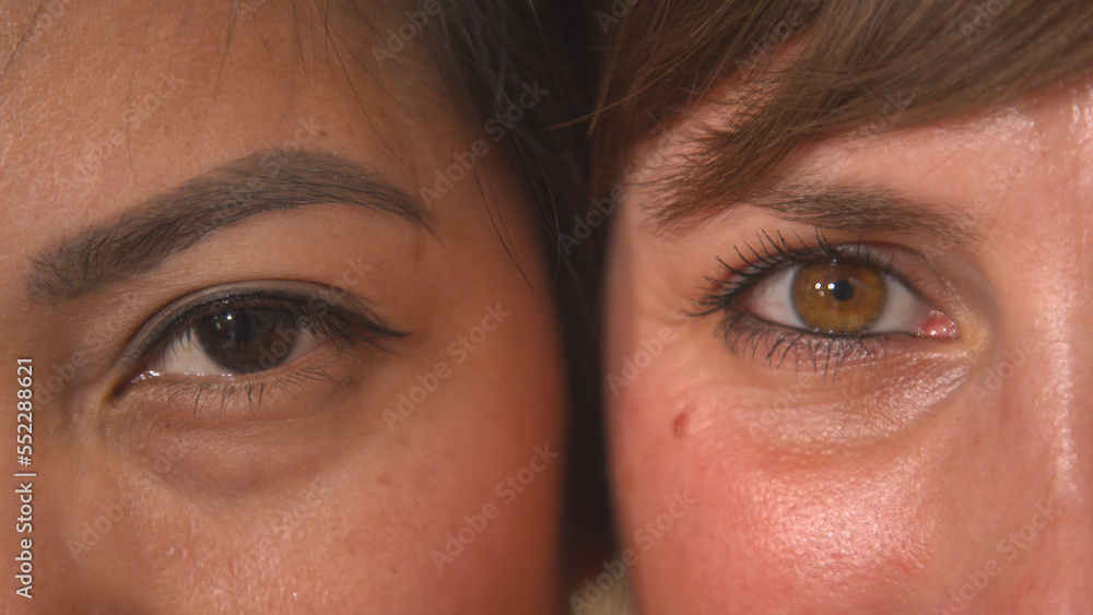 特写，肖像：两位年轻女性棕色眼睛并排的详细视图
